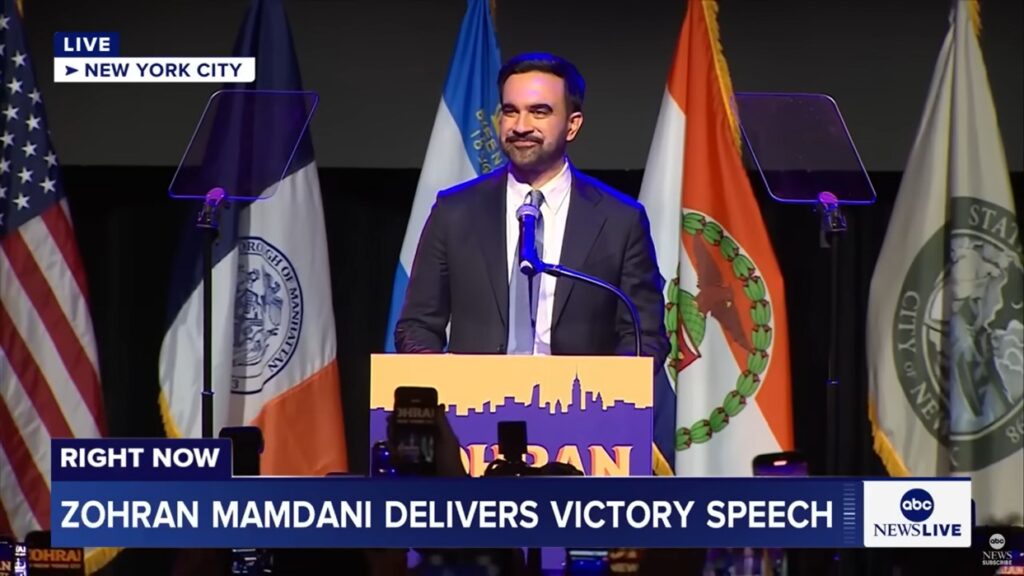 Screenshot from Zohran’s victory speech livestream